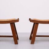 Brutalist curved solid Oak Ottomans 1950s France