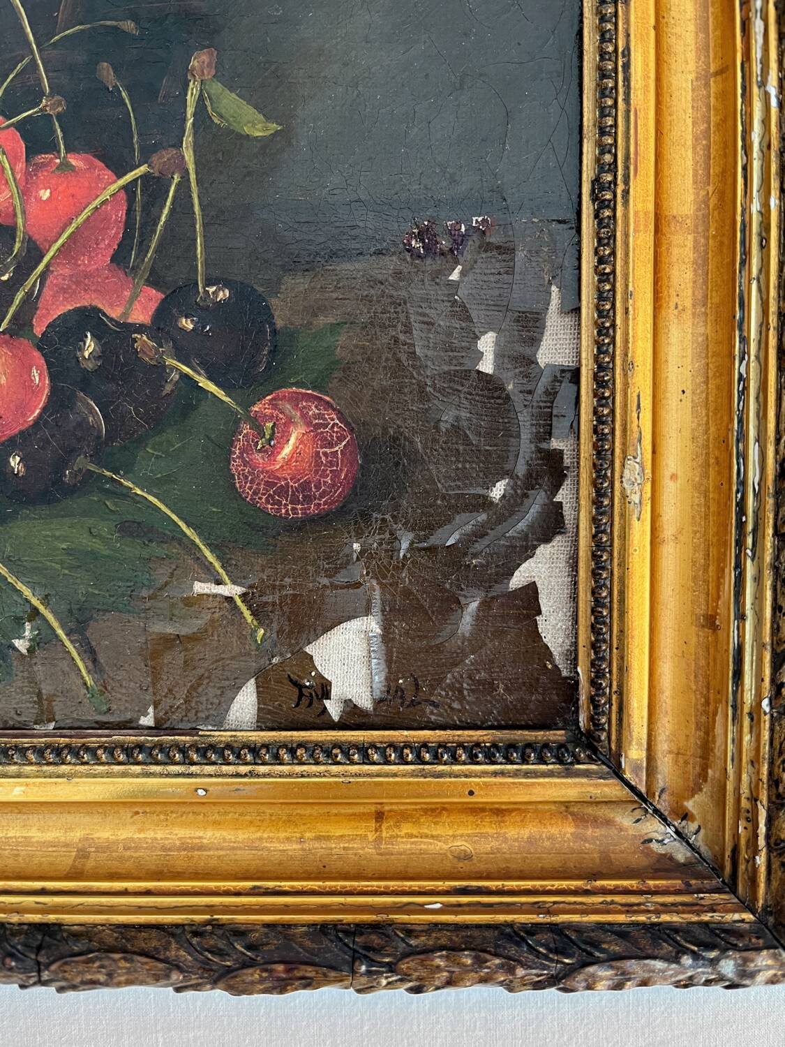 Huile sur toile nature morte aux cerises 19eme