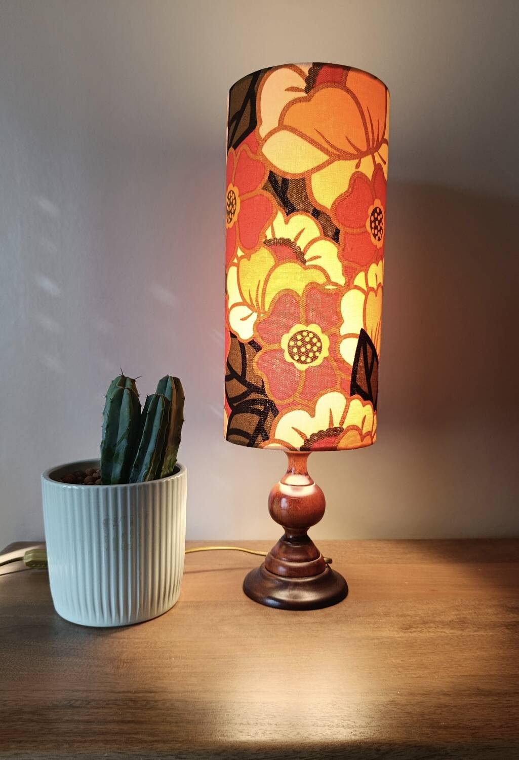 vintage turned wood lamp, floral lampshade in seventies style