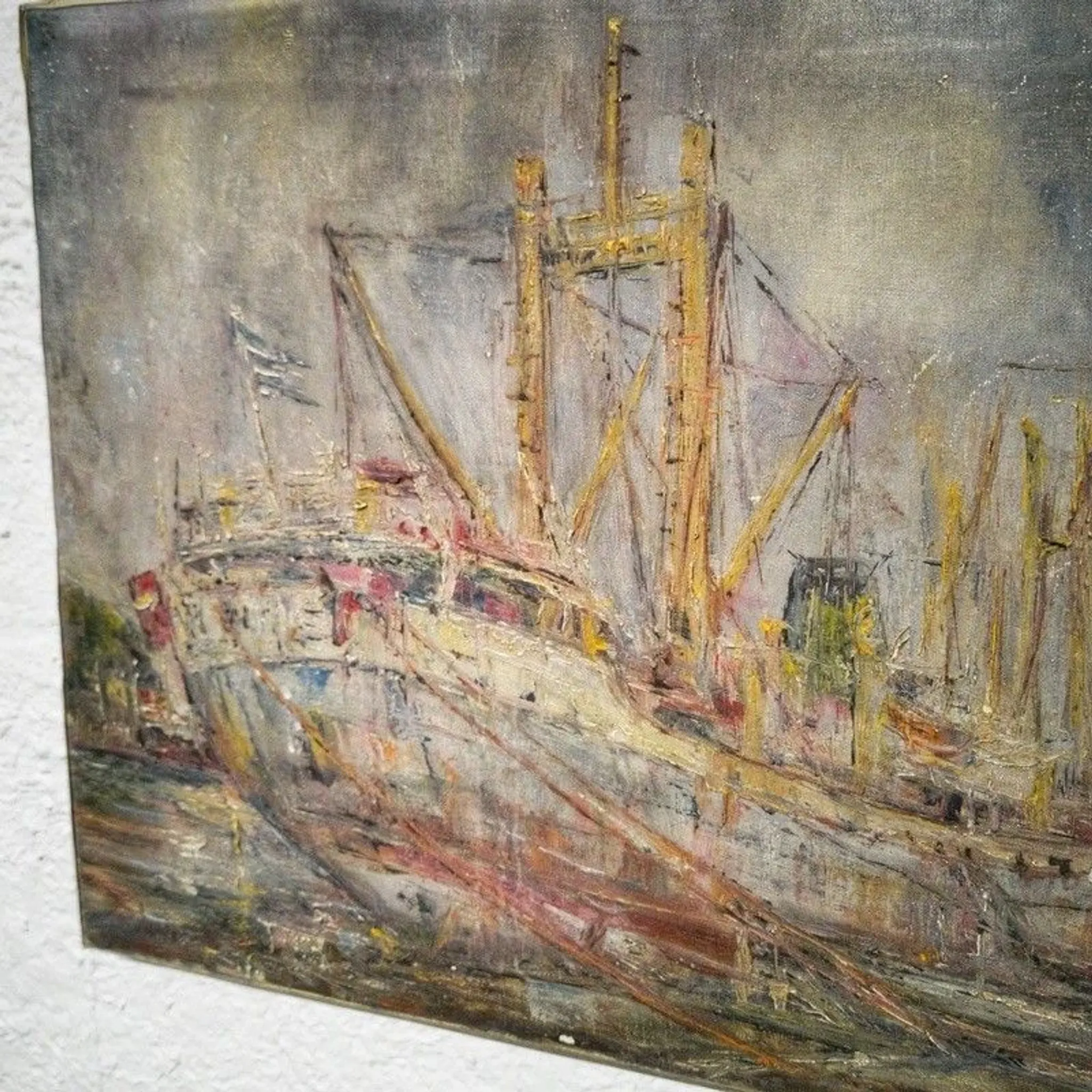 Vintage oil painting of marine cargo at the quay.