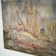 Vintage oil painting of marine cargo at the quay.