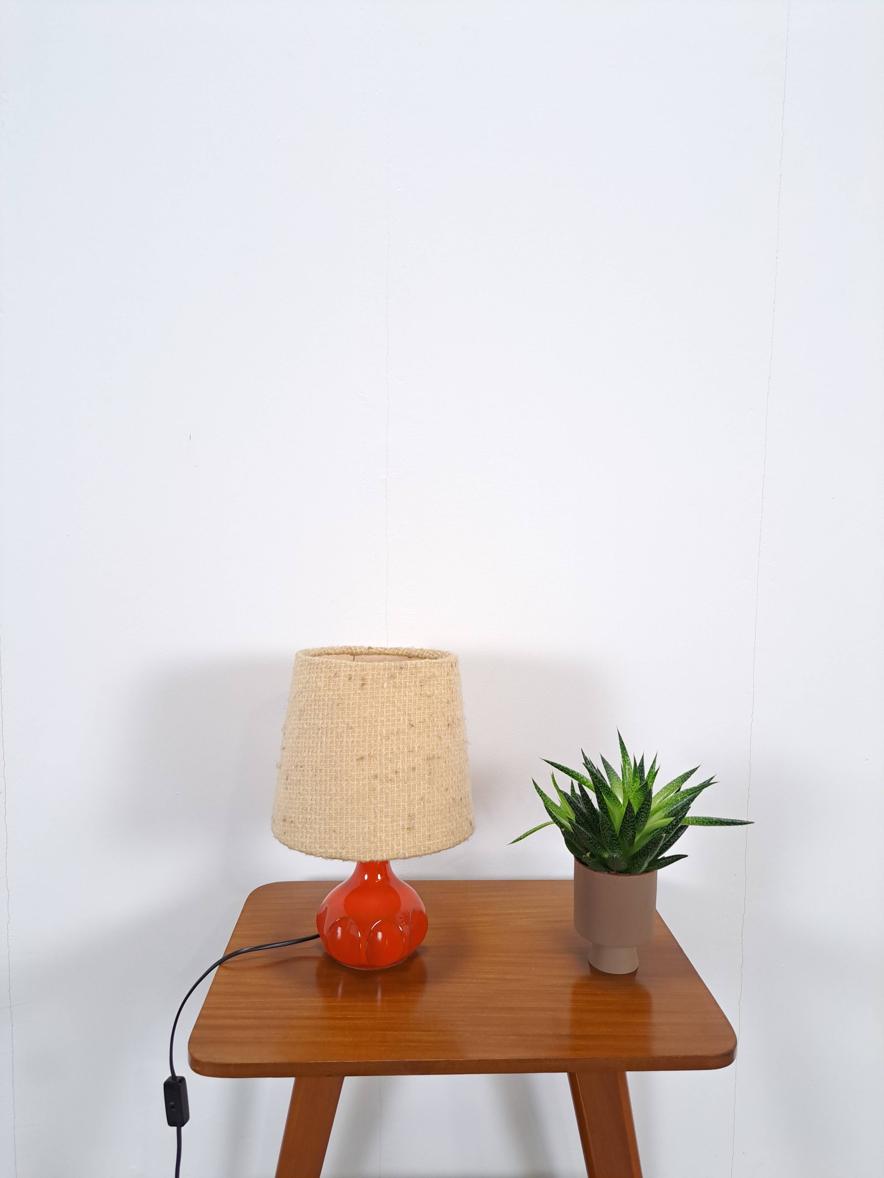 Ceramic table lamp orange with shade, vintage desk lamp