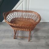 Old vintage rattan crib on wheels, missing a handle 60 by 40cm high 52cm for doll