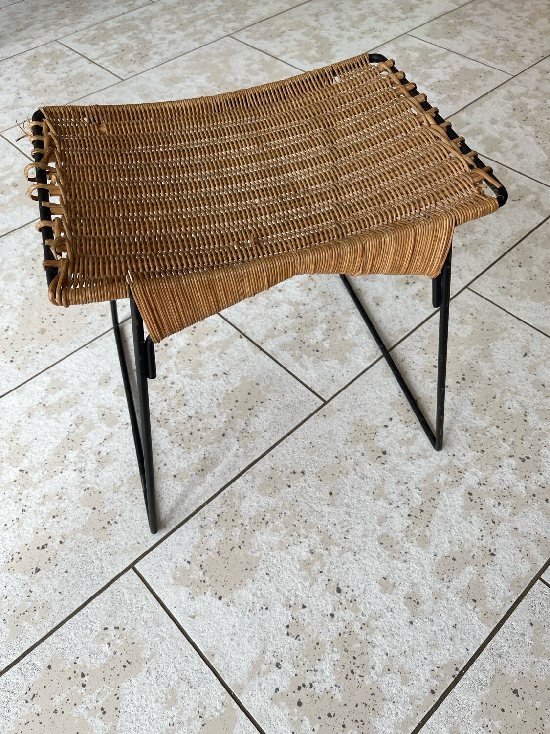 Vintage rattan and steel stool by Raoul Guys for Airborne, 1950s