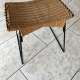Vintage rattan and steel stool by Raoul Guys for Airborne, 1950s