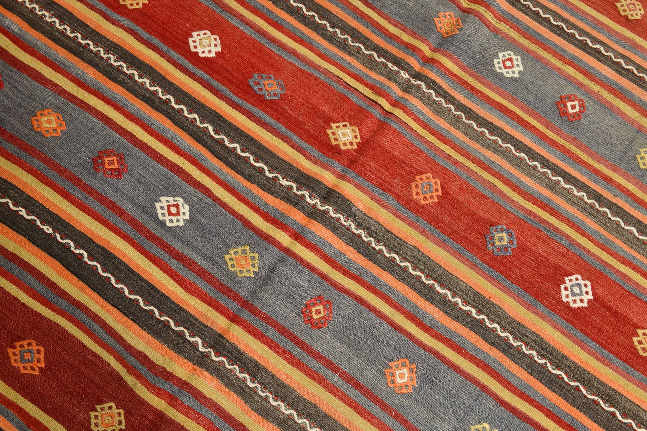 6x9 Red & Blue Striped Pattern Handmade Kilim Rug, 175x275Cm