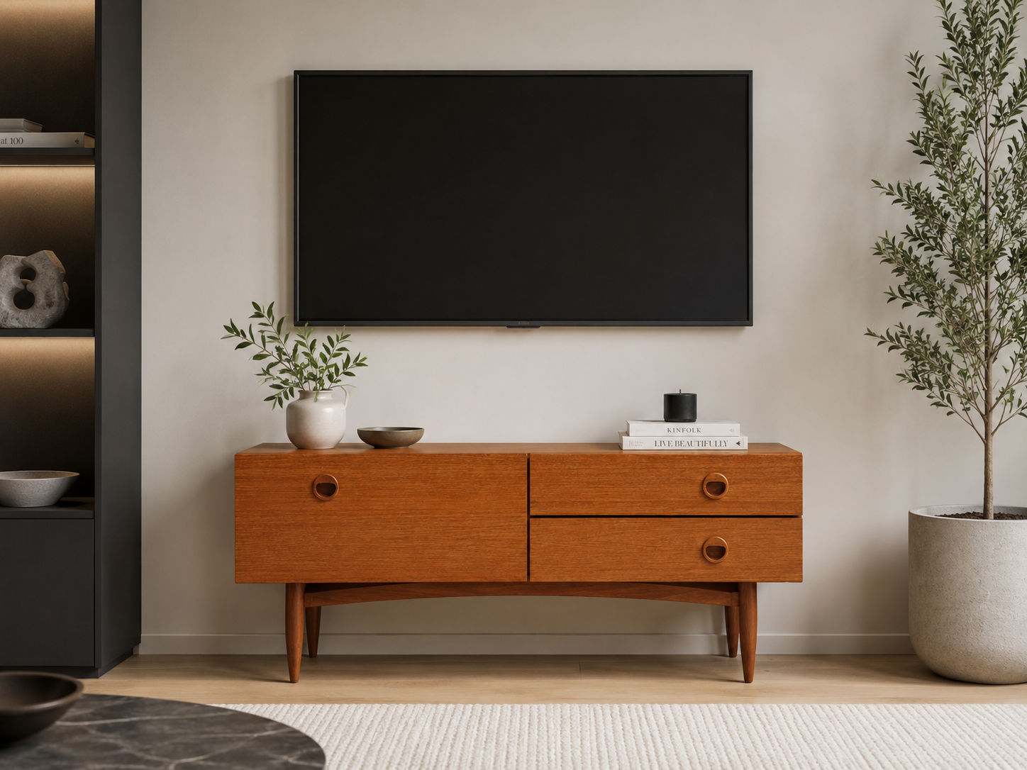 Teak sideboard with flap, 2 drawers and conical legs.
