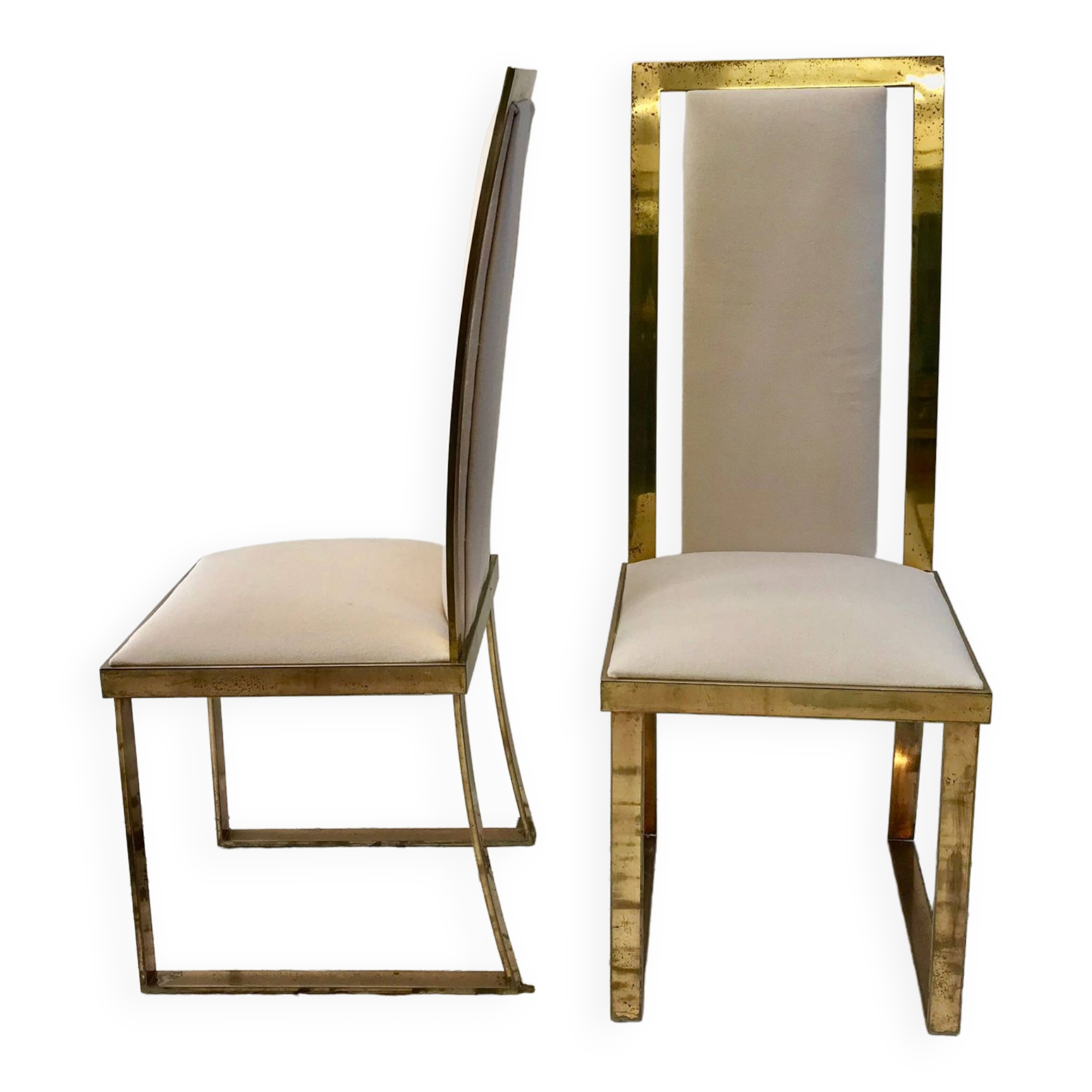 Set of 2 Michel Mangematin chairs in brass and virgin wool.