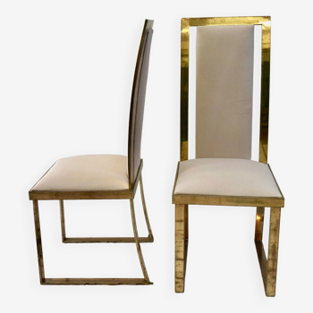 Set of 2 Michel Mangematin chairs in brass and virgin wool.