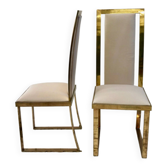 Set of 2 Michel Mangematin chairs in brass and virgin wool.