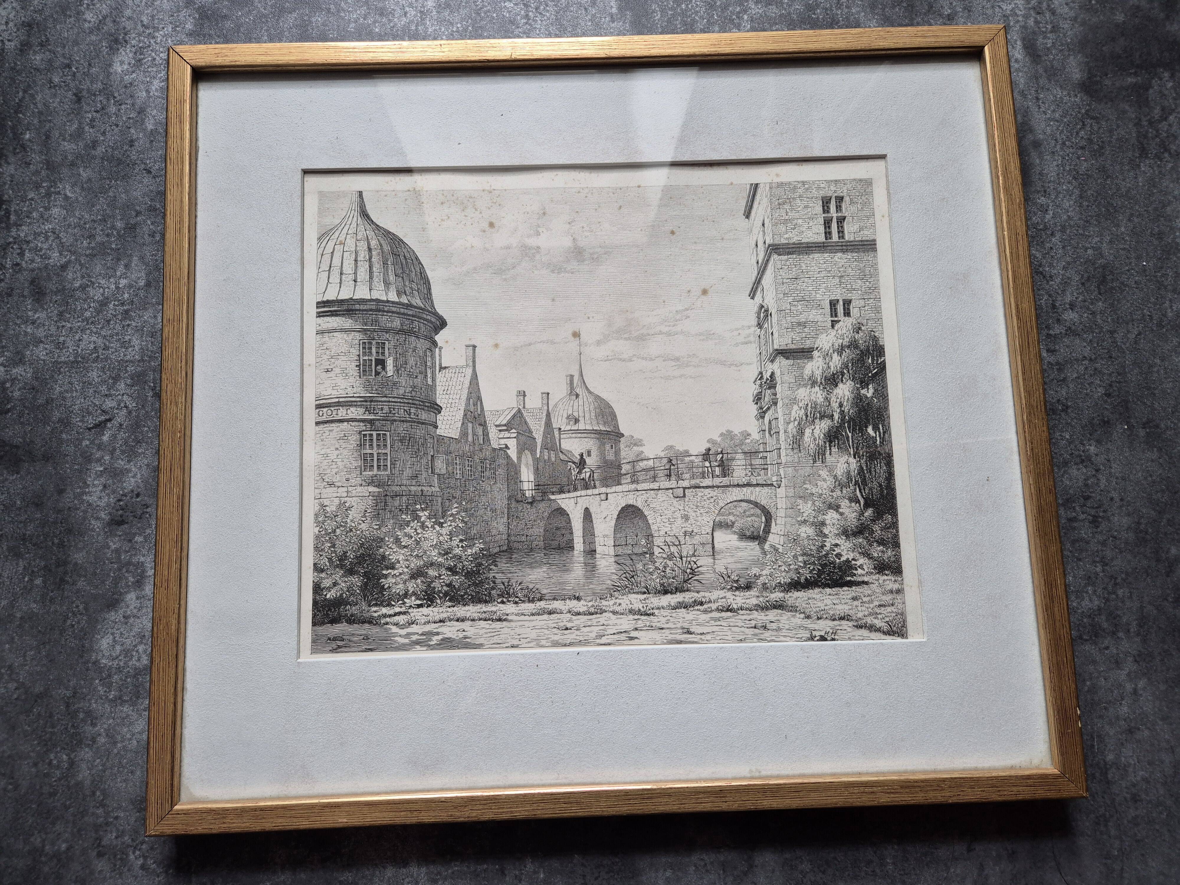 Etching The bridge of Frederiksborg Castle – The bridge at Frederiksborg Castle