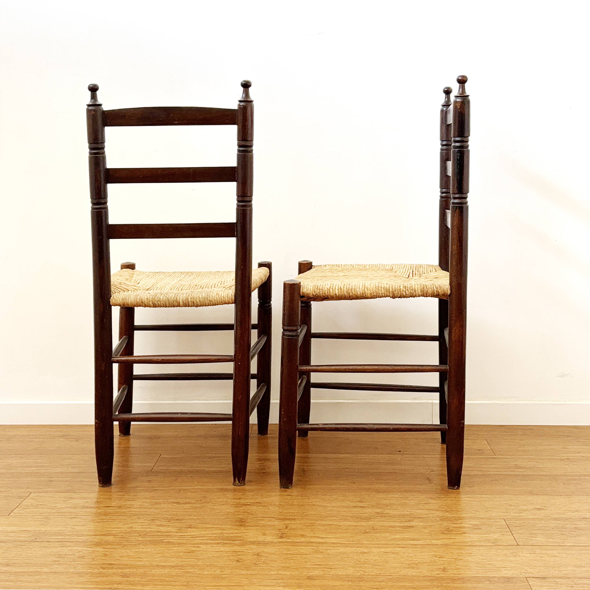 Pair of antique rush-seated chairs in solid wood – France, mid-20th century