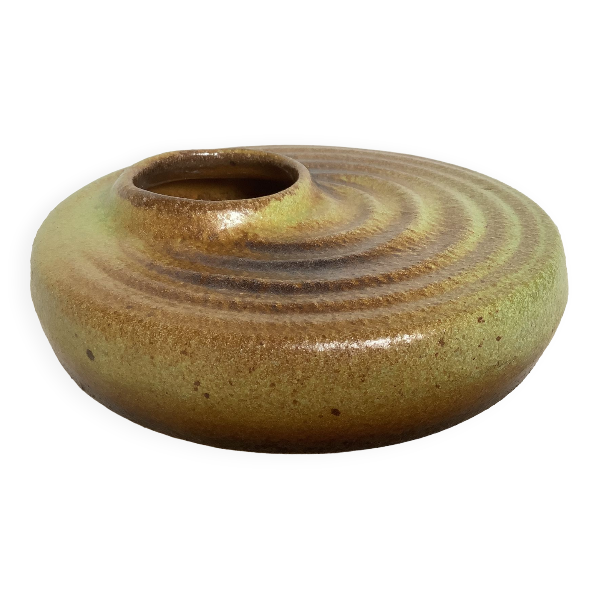 Tripod spiral vase in green and brown ceramic
