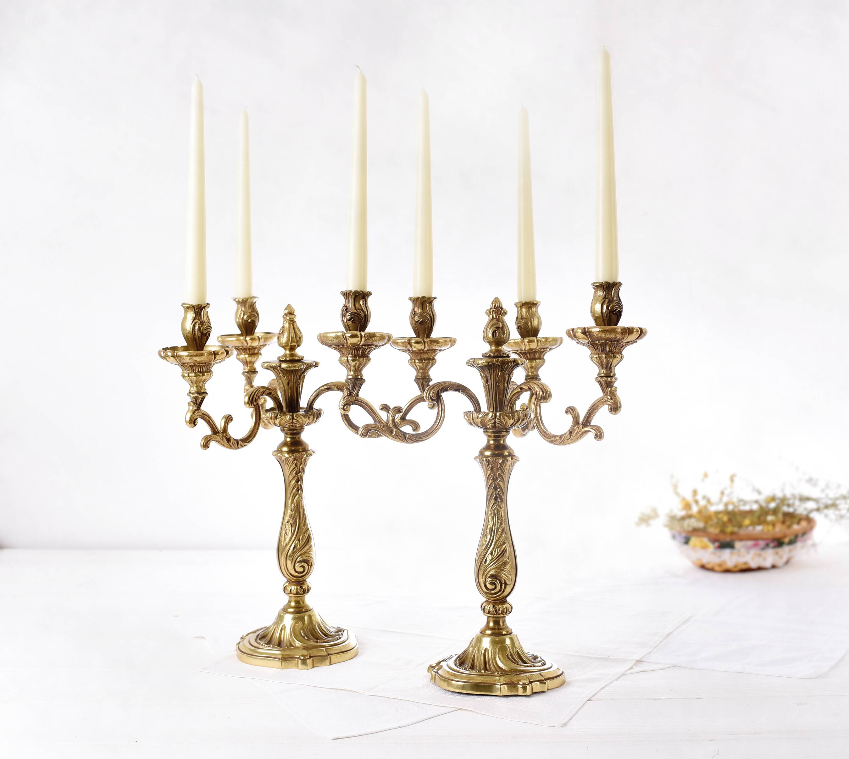 Pair of antique 6-arm bronze candelabras, 19th century