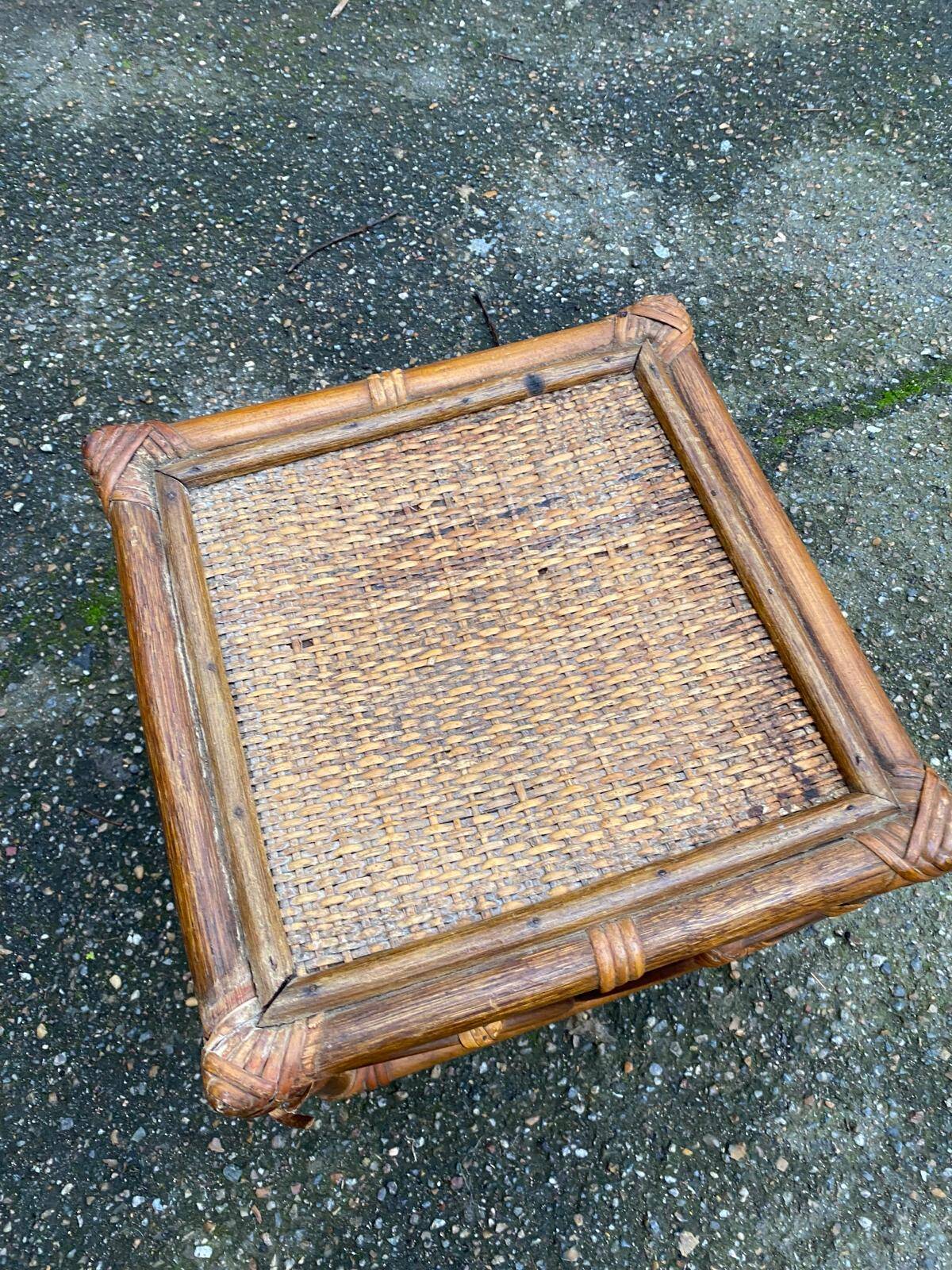 Vintage square stool in bamboo, rattan, and wicker.