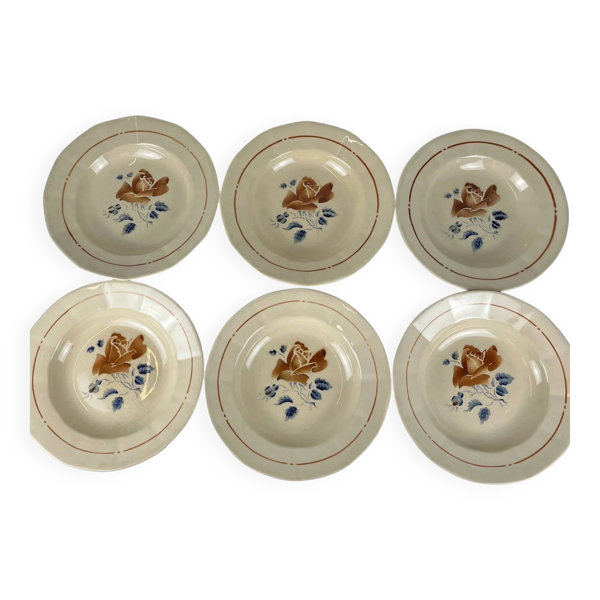 Set de 6 assiettes creuses Sarreguemines motif fleur, première moitié du XXe siècle