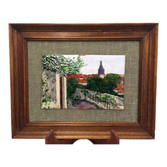 Painting frame enamelled painting signed on copper plate city of septeuil 78