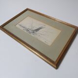 Antique ink drawing on paper, sailboat at sea, signed and framed.
