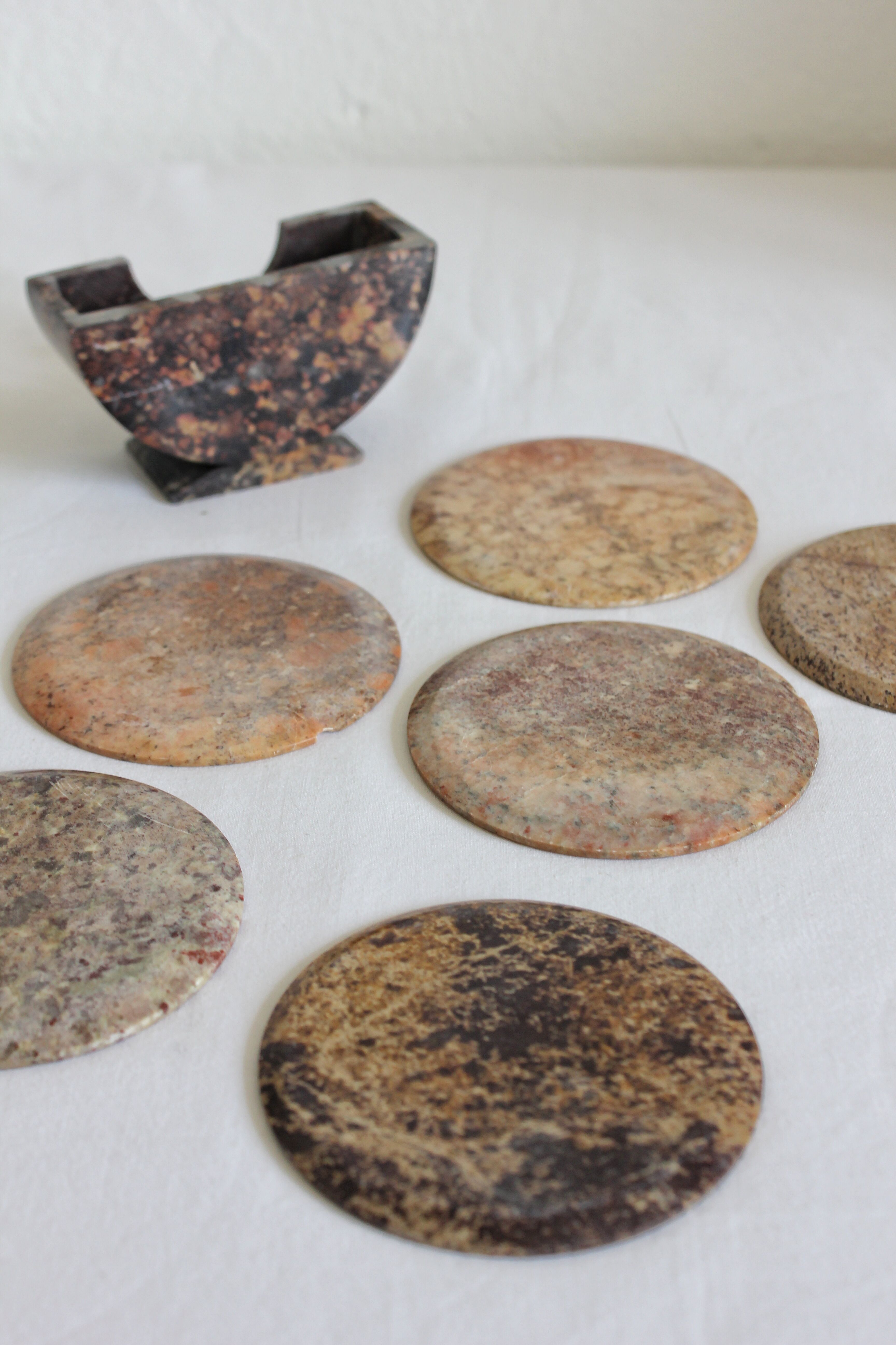 Set of 6 vintage stone/marble coasters and case