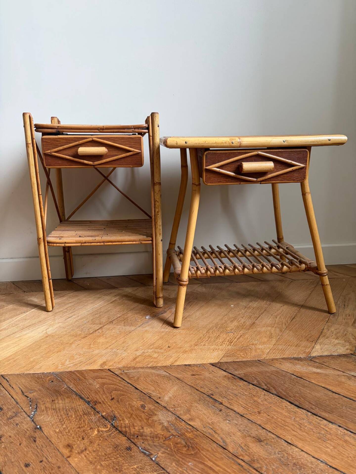 Rattan bedside tables in the style of Audoux Minet.