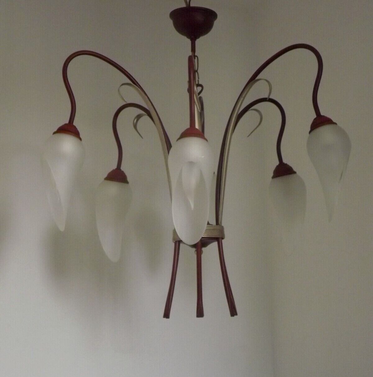 French vintage 6 arm brown & silver toleware chandelier opaque glass shades 3861