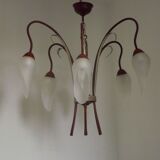 French vintage 6 arm brown & silver toleware chandelier opaque glass shades 3861