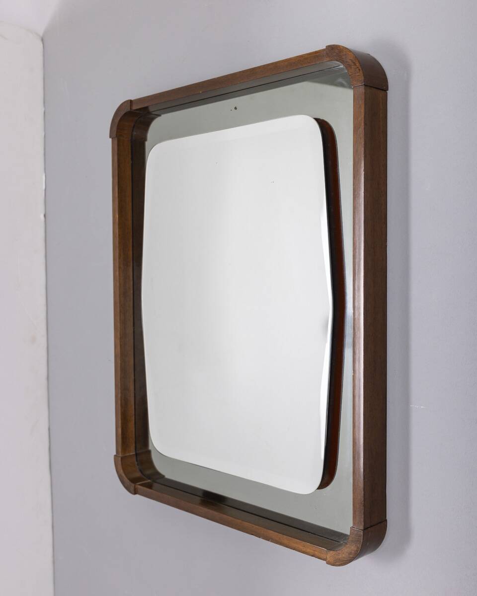 VINTAGE 1960S WALL MIRROR IN WOOD AND SMOKED GLASS, ITALIAN DESIGN