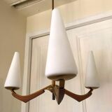 Chandelier french Arlus opaline and wood 1950