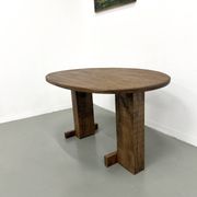 Oval table with T-shaped legs, solid oak, student woodworking project.