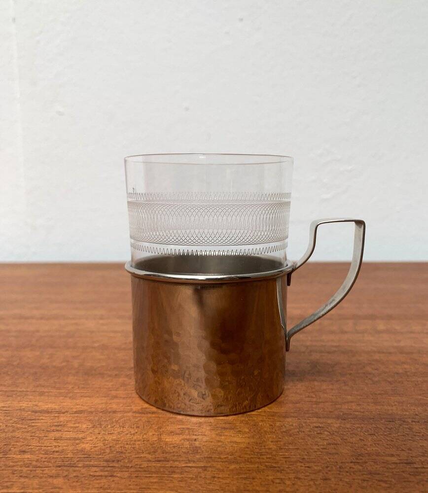 Vintage tea glasses RDA from East Germany by MUQ, Metallwarenfabrik Union Quedlinburg, set of 4.