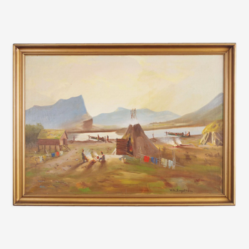 Peinture « The Riverside Camp », design scandinave, 19ème siècle, par Vilhelm Oskar Engström