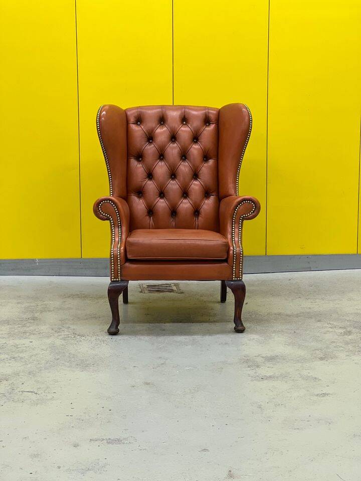 Fauteuil Chesterfield en cuir marron clair vintage