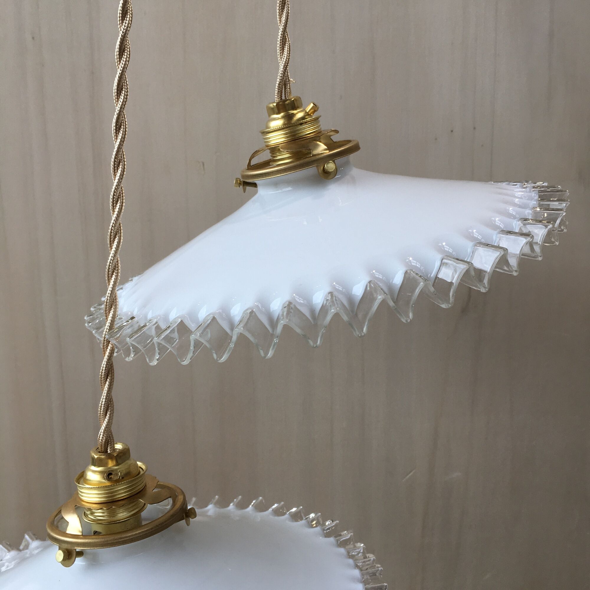 Pair of vintage white opaline pendant lamps and transparent serrated edges