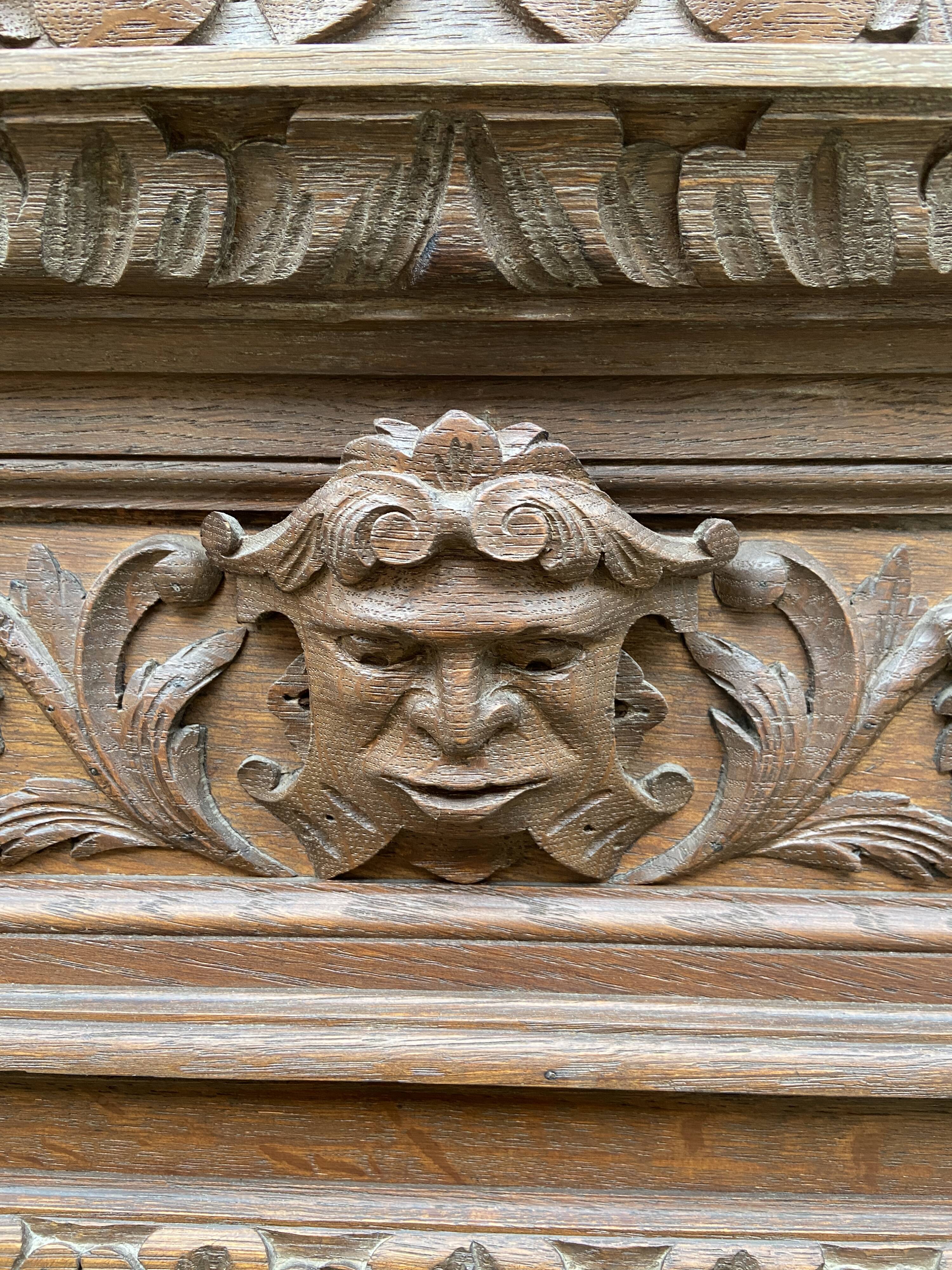 Renaissance style castle hunting mirror Louis XIII carved oak 1880