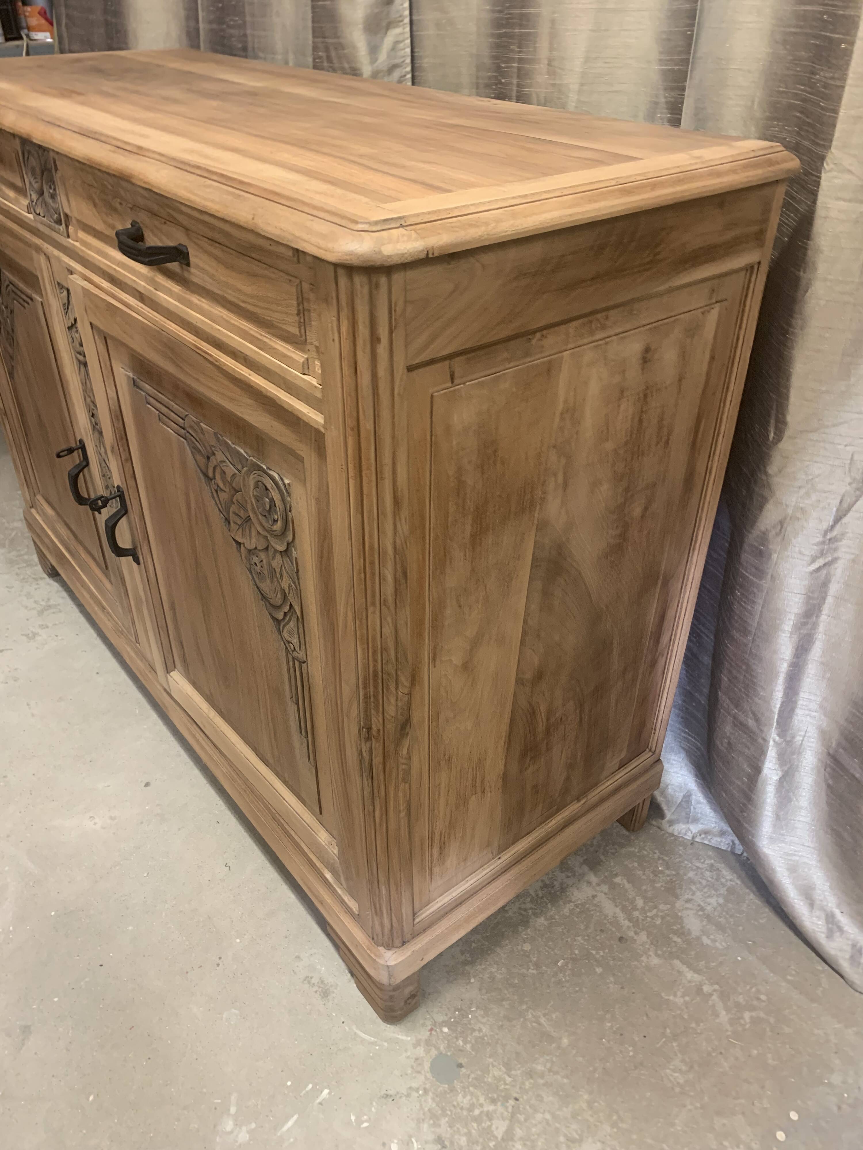 Art Deco raw wood sideboard in solid walnut