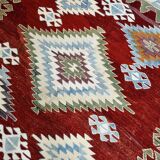 5x8 Burgundy & Light Blue Rare Geometric Style Wool Kilim Rug, 144x241 Cm