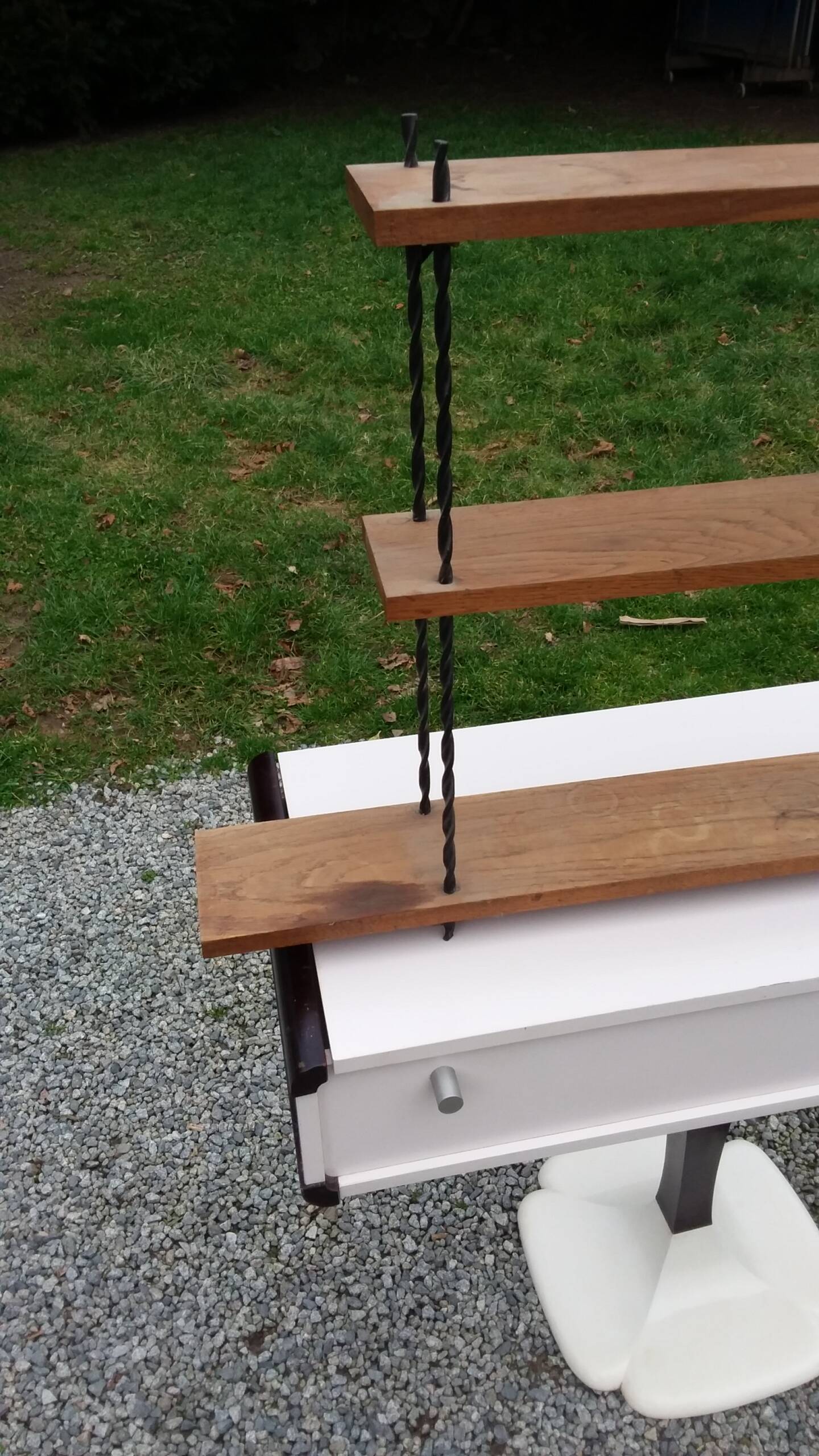 Vintage asymmetrical wall shelf in solid oak and metal from the 60s