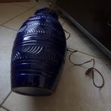 Large blue earthenware lamp base signed ST Clément France Plume 815-2 – Excellent condition