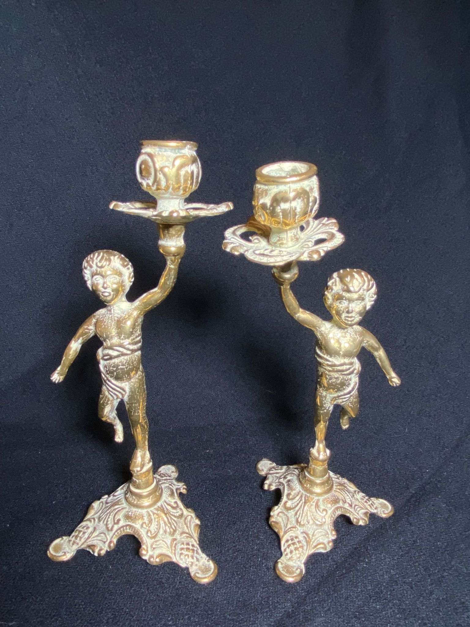 Pair of candlestick buds cherub angel brass