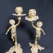Pair of candlestick buds cherub angel brass