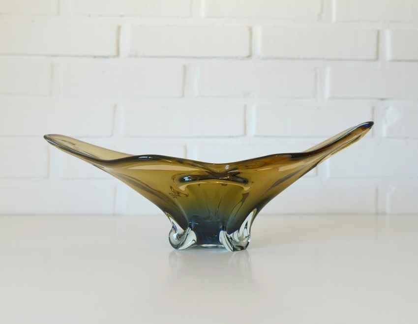 Vintage Art Glass Bowl, Hand Blown Murano Style, Yugoslavia 1960s, Large Centerpiece