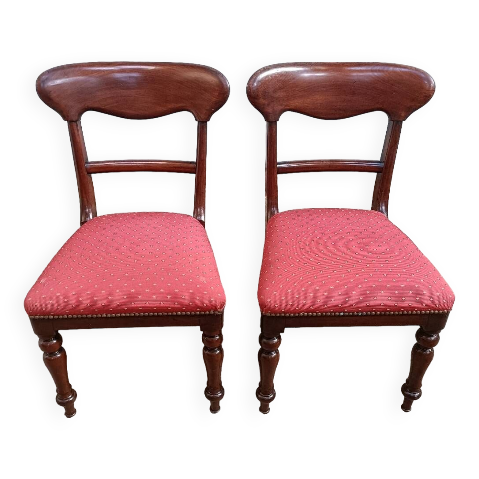 Pair of vintage English mahogany chairs, woven in red