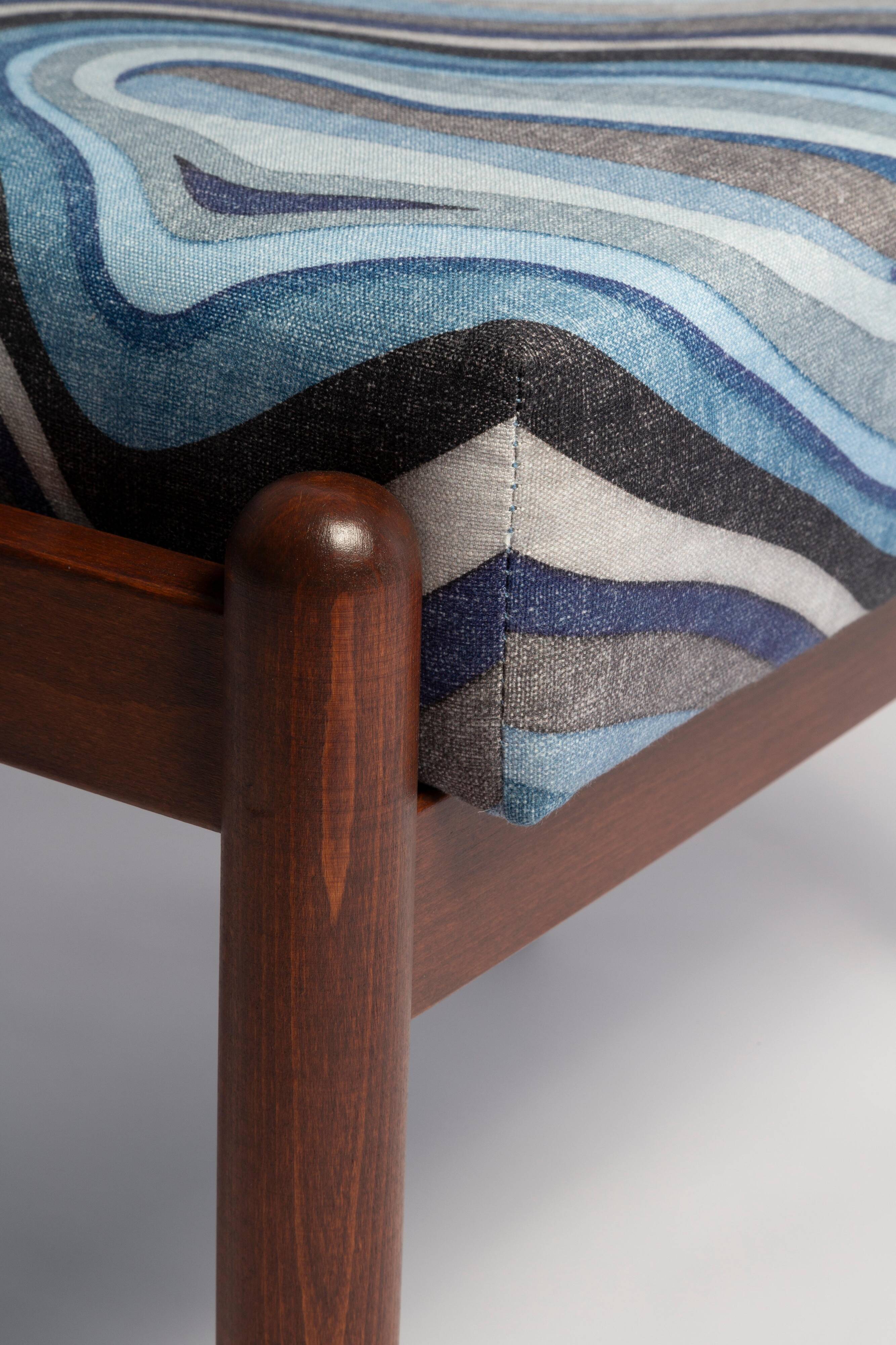 Set of two GFM stools in blue linen, mid-century style, Edmund Homa, Europe, 1960s.