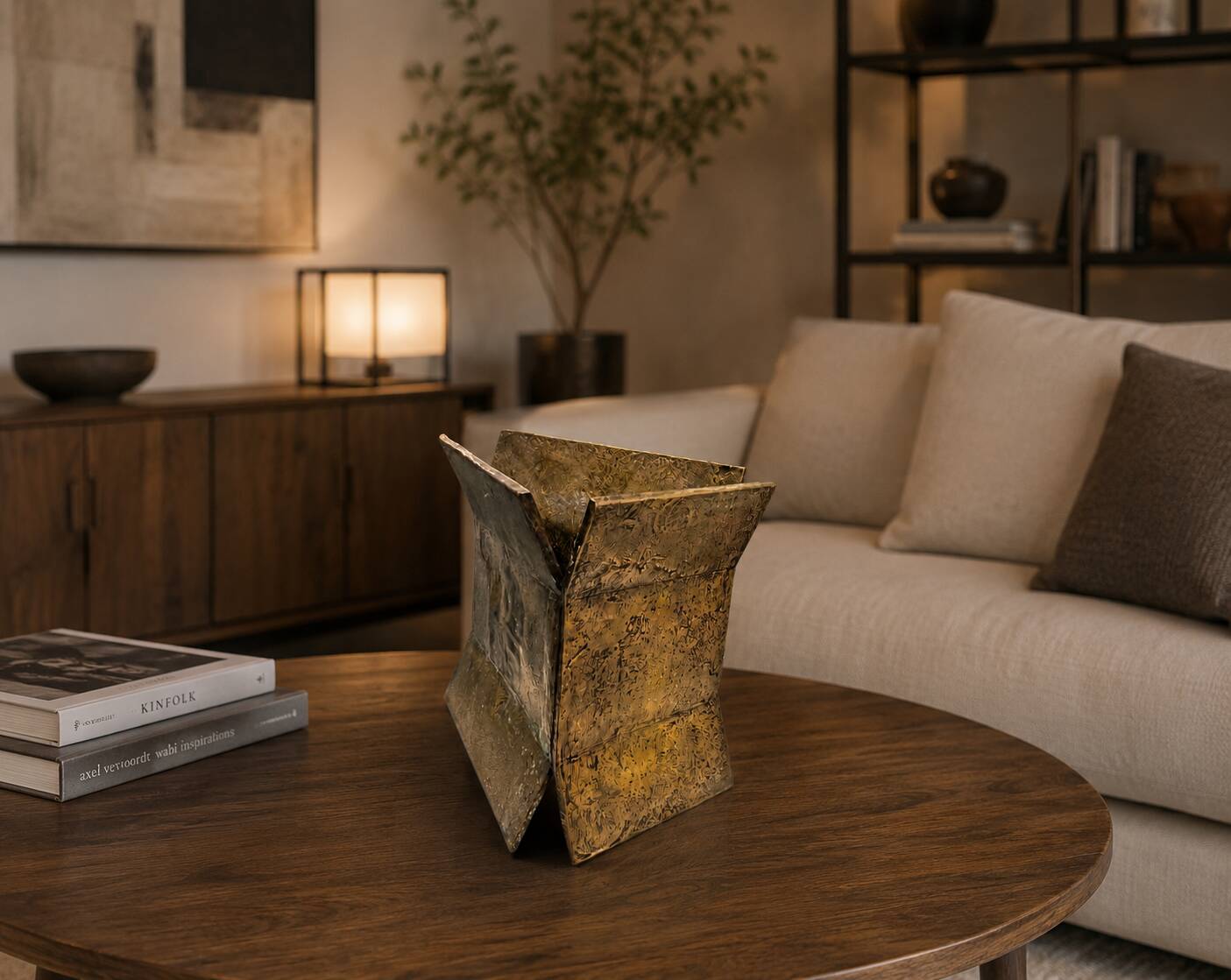 Modernist abstract sculpture in patinated bronze.
