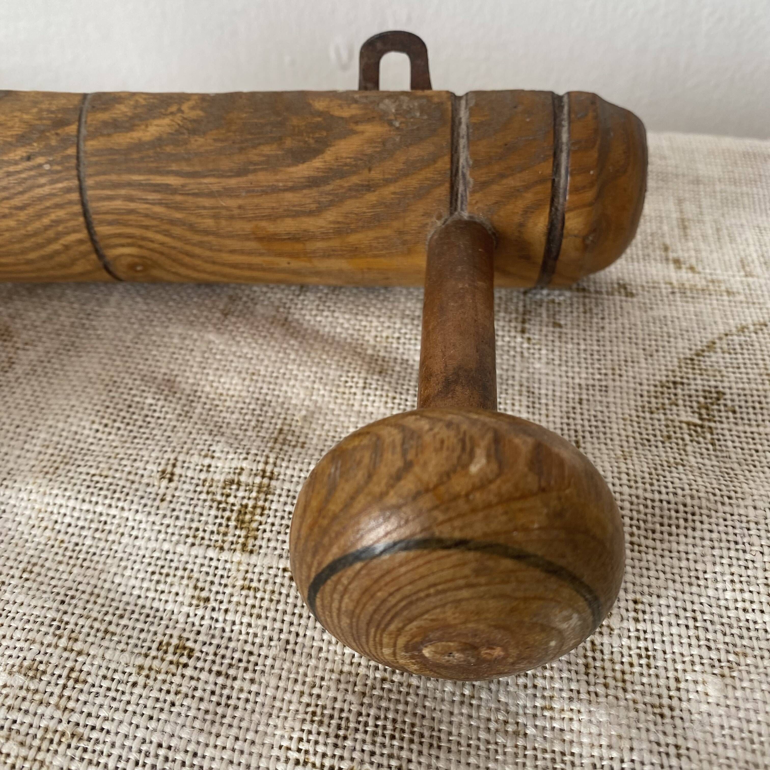 Antique turned wood wall coat rack with 2 hooks
