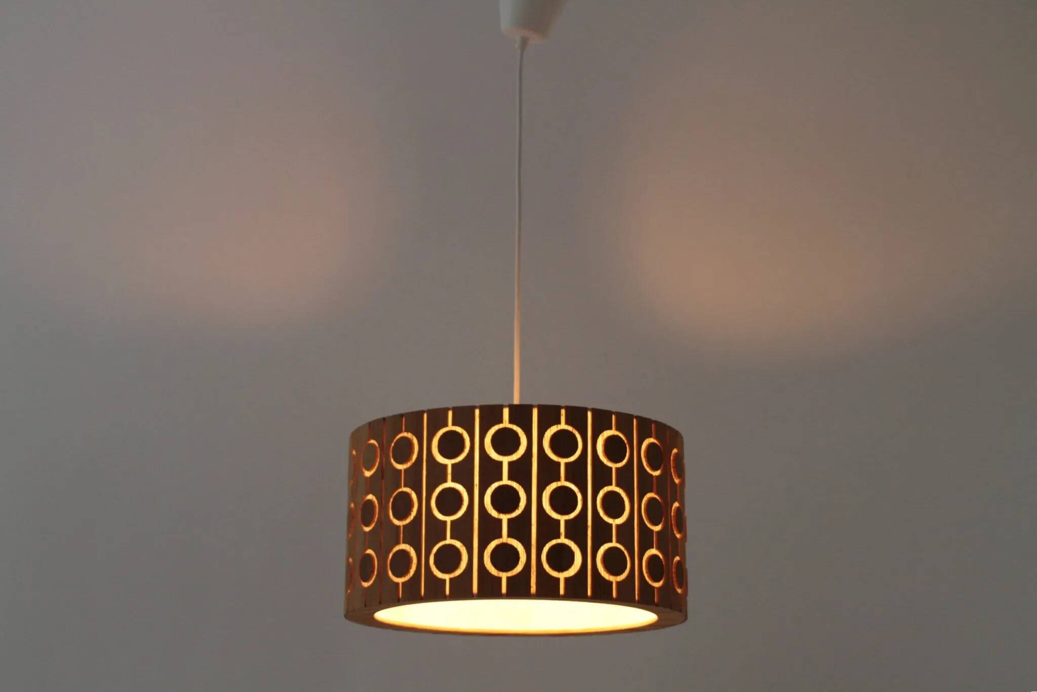 Pine Pendant Lamp – Cylindrical with Circle Pattern, Scandinavia – 1960s/1970s