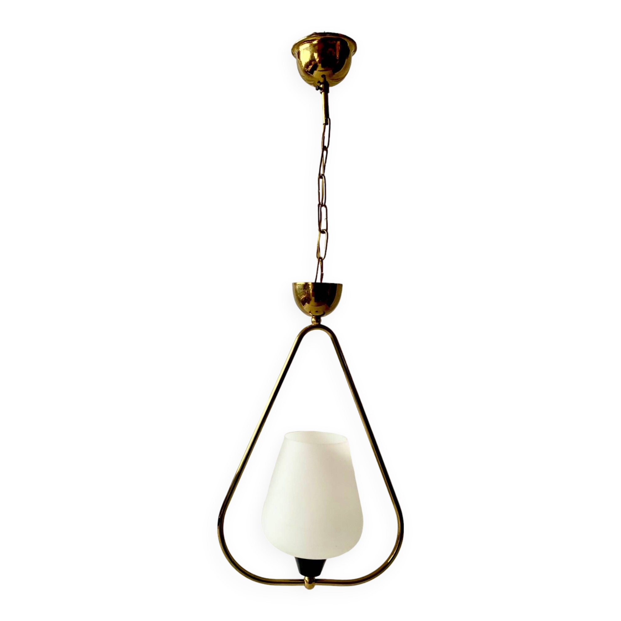 Modernist pendant light in white sandblasted glass and brass