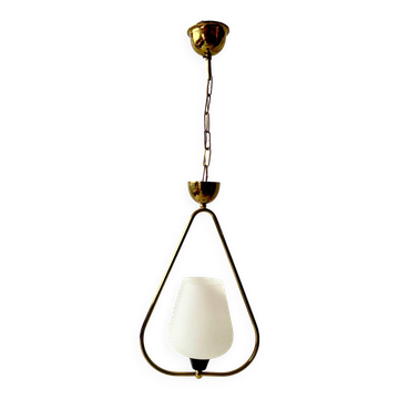Modernist pendant light in white sandblasted glass and brass