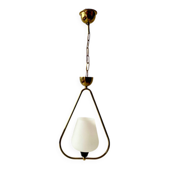 Modernist pendant lamp in white sandblasted glass and brass