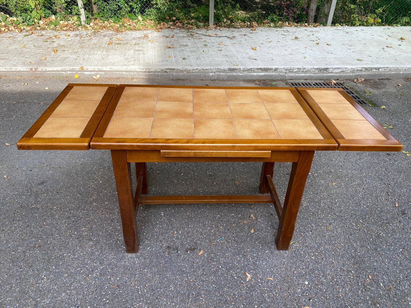 Farmhouse style solid wood and tile kitchen dining table